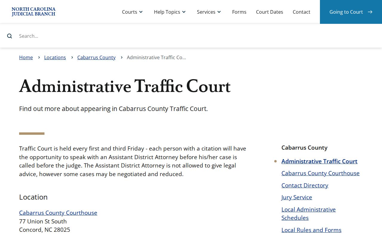 Cabarrus County traffic court Administrative Traffic Court schedule information