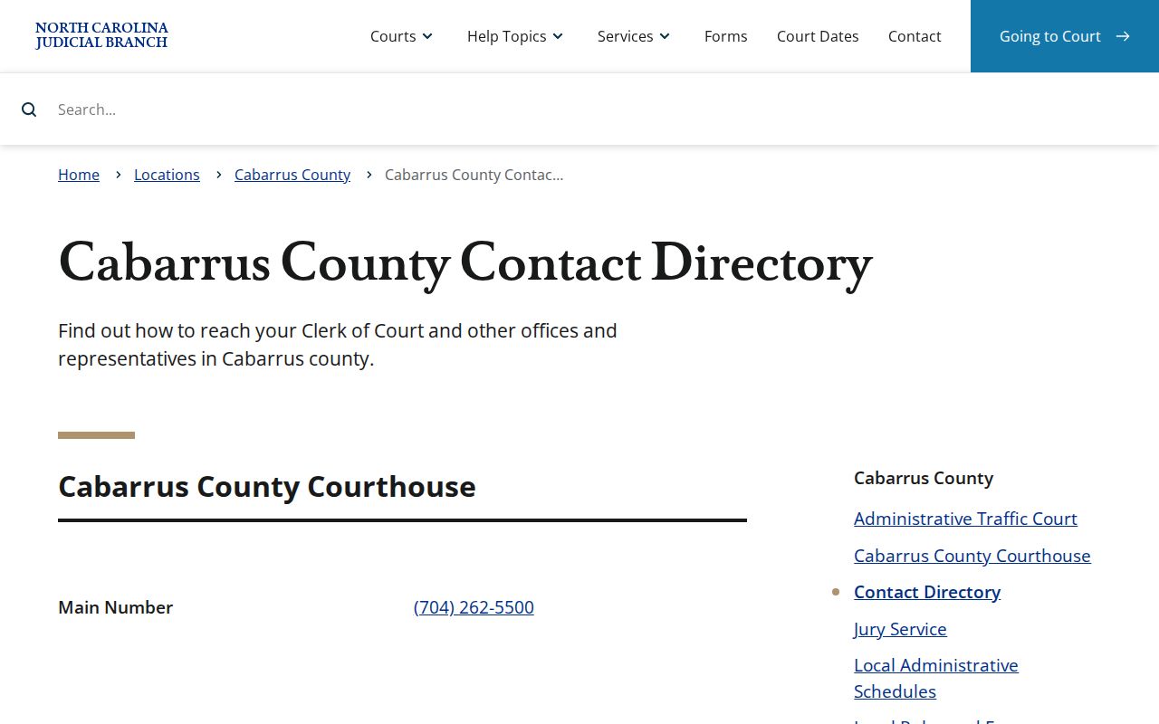 Cabarrus County court contact directory for clerk and court office information