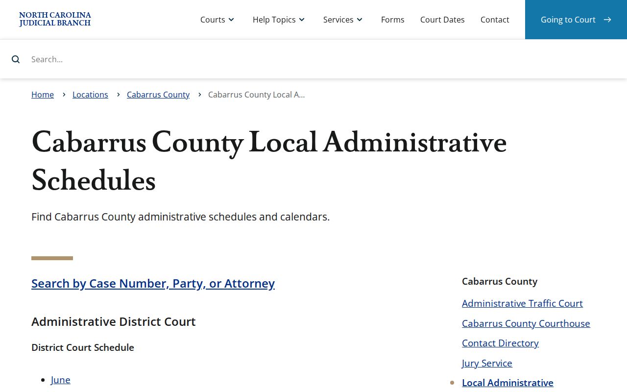 Cabarrus County court schedule materials on the North Carolina Judicial Branch website