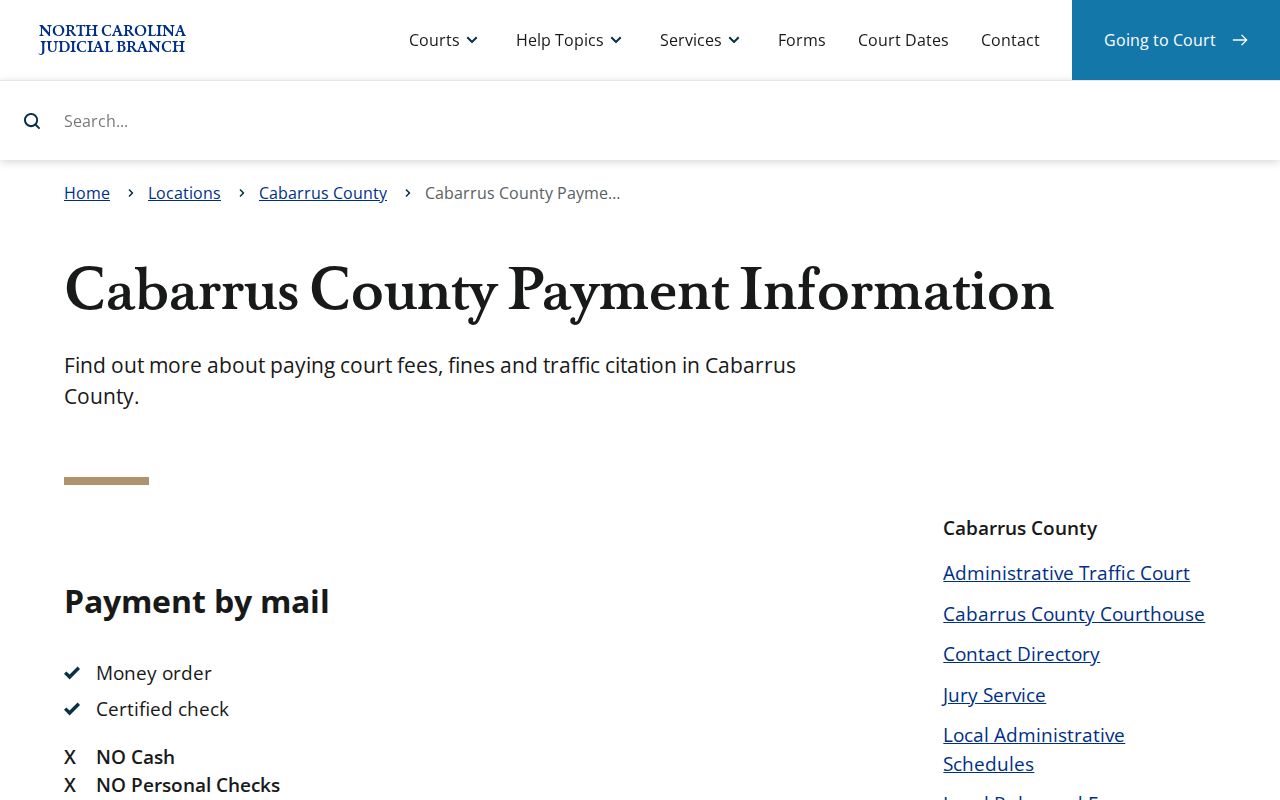 Cabarrus County court payment-method information from the North Carolina Judicial Branch
