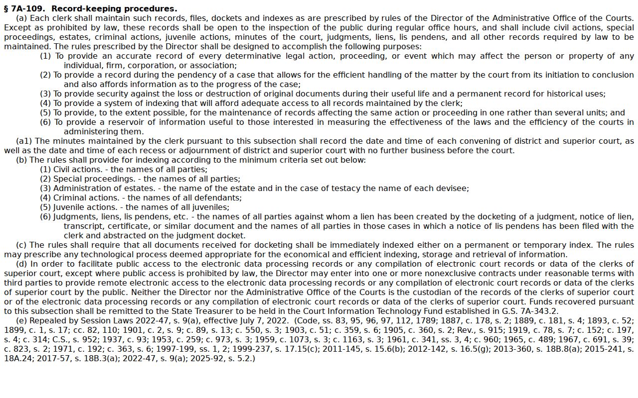 North Carolina General Statute 7A-109 on public inspection of court records