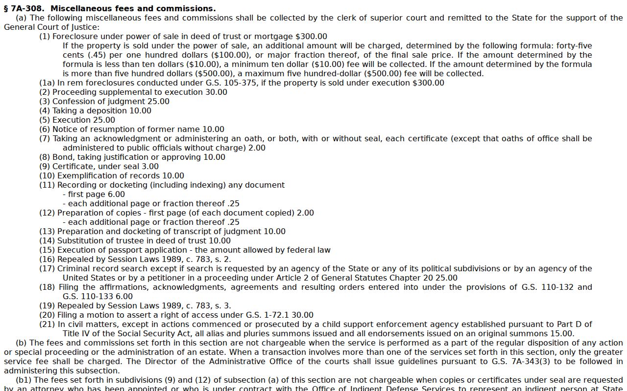 North Carolina General Statute 7A-308 on clerk copy and certification fees