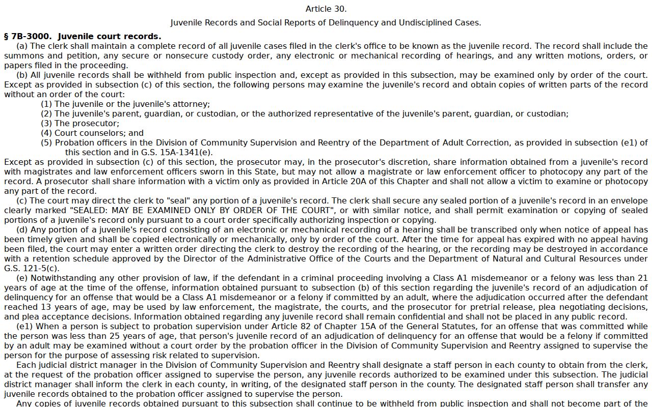Cabarrus County criminal court docket juvenile record confidentiality rule