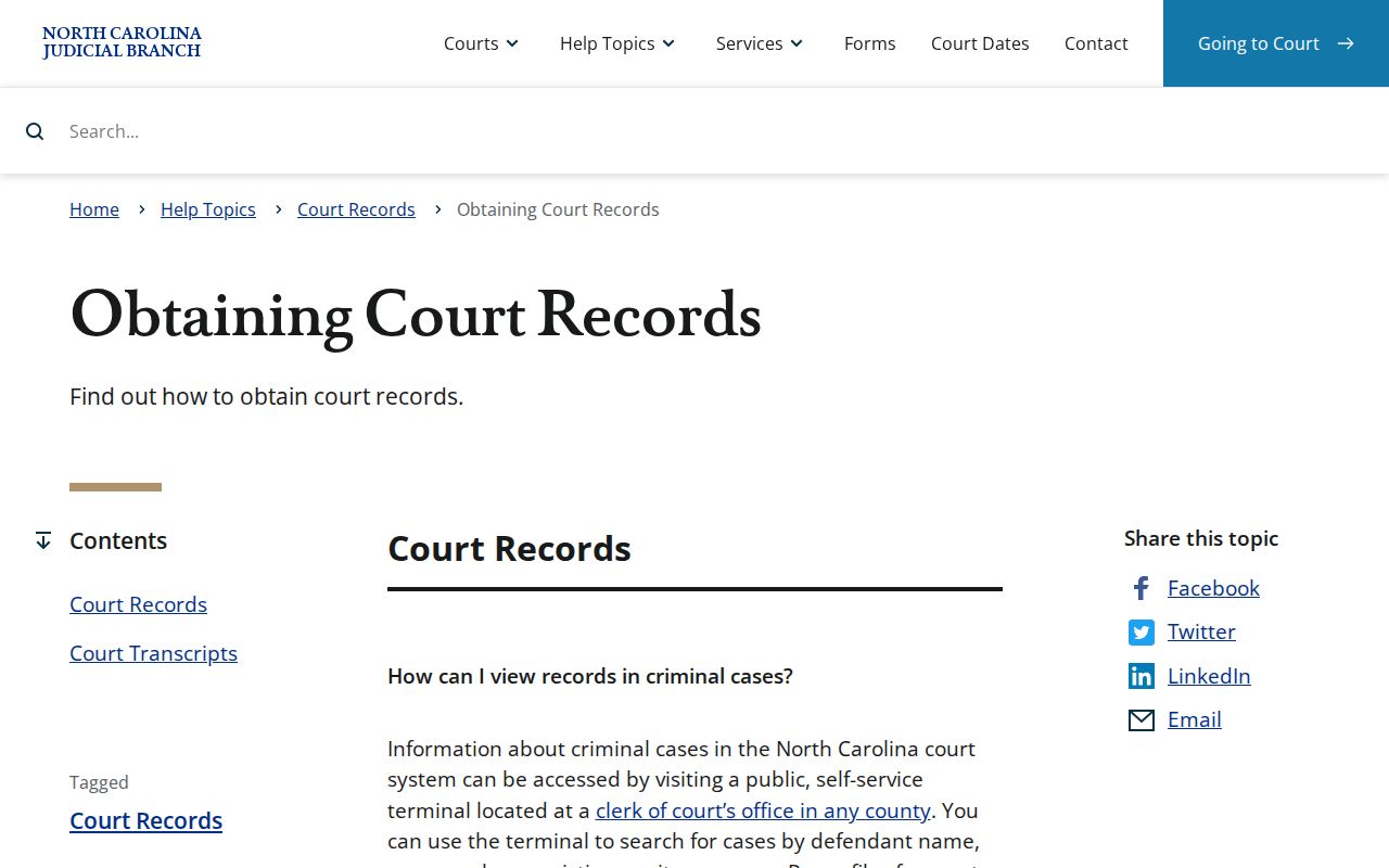 North Carolina court-record access guidance for clerk and court record channels