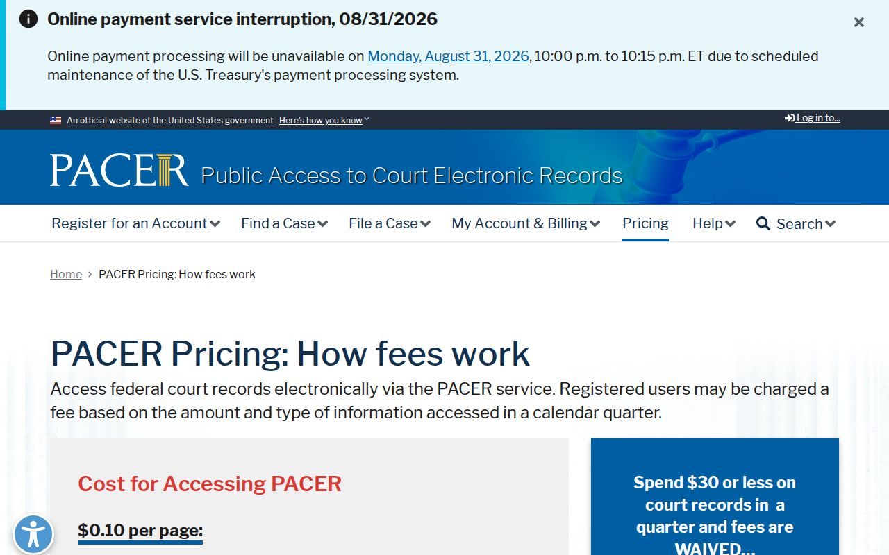 PACER pricing information for federal court docket access